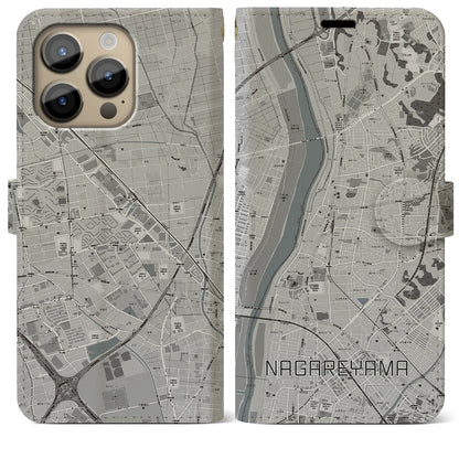 【流山（千葉県）】地図柄iPhoneケース（手帳タイプ）モノトーン・iPhone 14 Pro Max 用