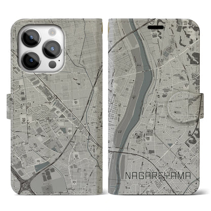 【流山（千葉県）】地図柄iPhoneケース（手帳タイプ）モノトーン・iPhone 14 Pro 用