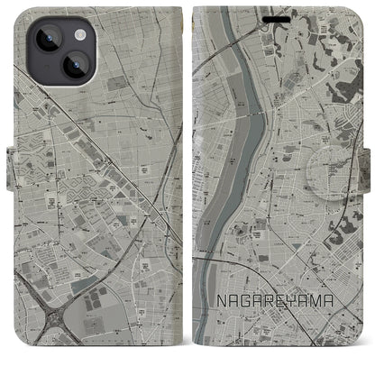 【流山（千葉県）】地図柄iPhoneケース（手帳タイプ）モノトーン・iPhone 14 Plus 用