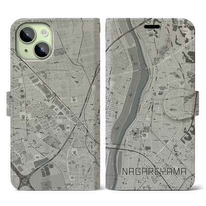 【流山（千葉県）】地図柄iPhoneケース（手帳タイプ）モノトーン・iPhone 15 用