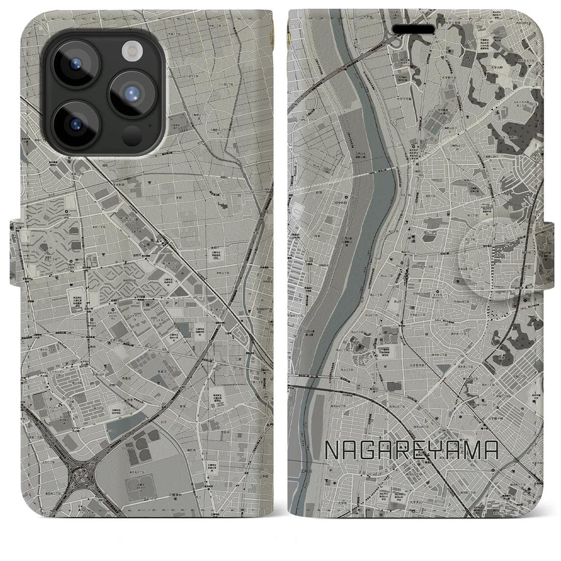 【流山】地図柄iPhoneケース（手帳両面タイプ・モノトーン）iPhone 15 Pro Max 用