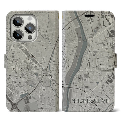 【流山（千葉県）】地図柄iPhoneケース（手帳タイプ）モノトーン・iPhone 15 Pro 用