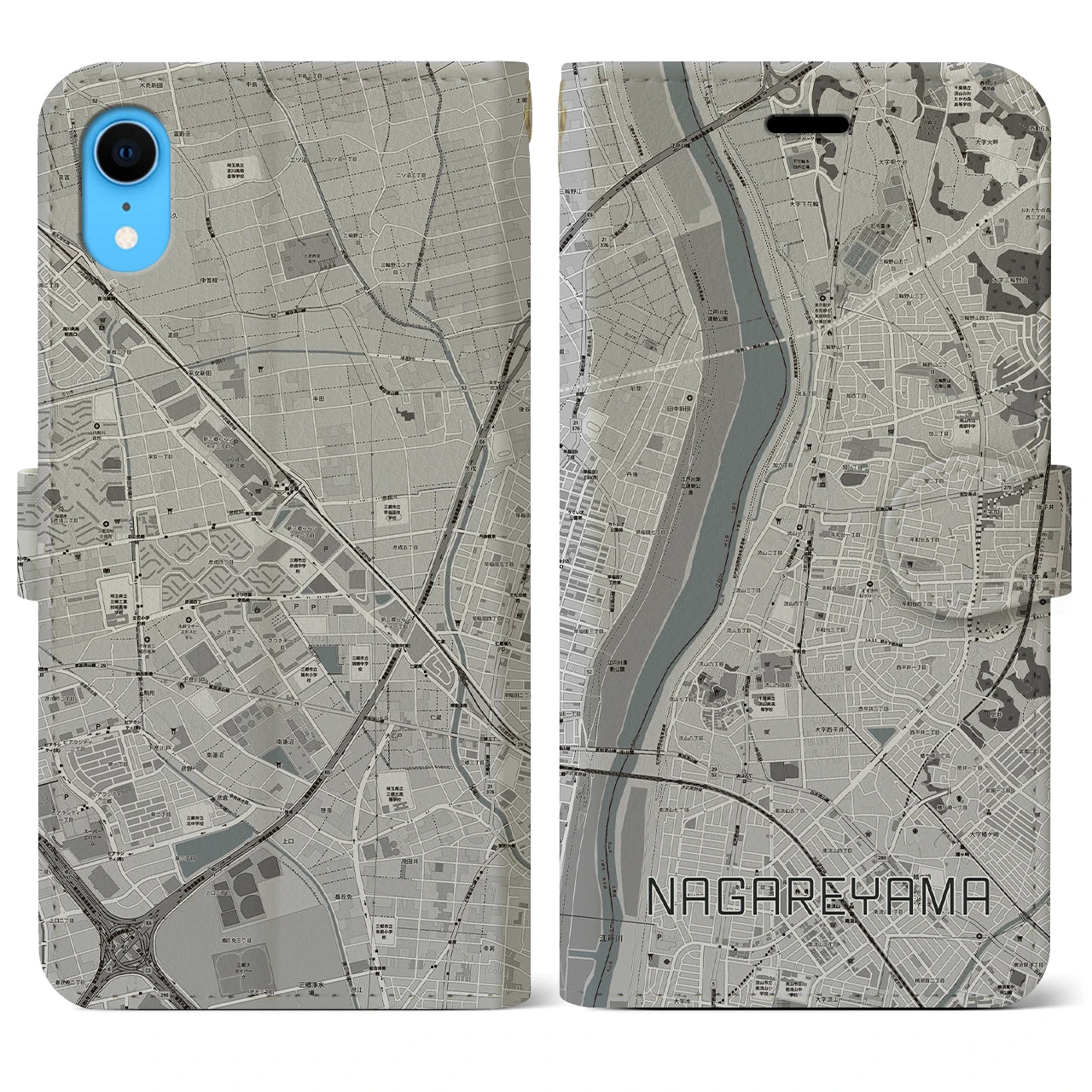 【流山】地図柄iPhoneケース（手帳両面タイプ・モノトーン）iPhone XR 用