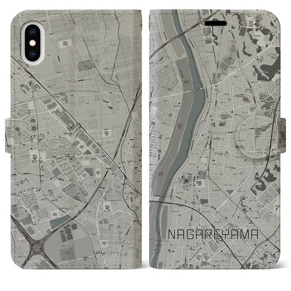 【流山（千葉県）】地図柄iPhoneケース（手帳タイプ）モノトーン・iPhone XS Max 用