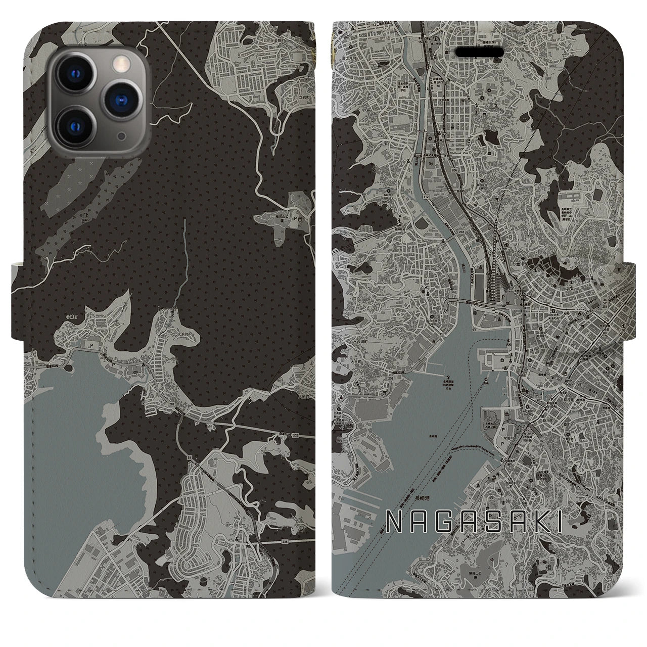 【長崎】地図柄iPhoneケース（手帳両面タイプ・モノトーン）iPhone 11 Pro Max 用