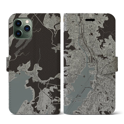 【長崎（長崎県）】地図柄iPhoneケース（手帳タイプ）モノトーン・iPhone 11 Pro 用