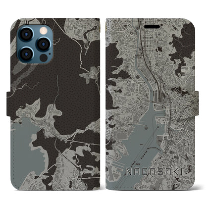 【長崎（長崎県）】地図柄iPhoneケース（手帳タイプ）モノトーン・iPhone 12 / 12 Pro 用