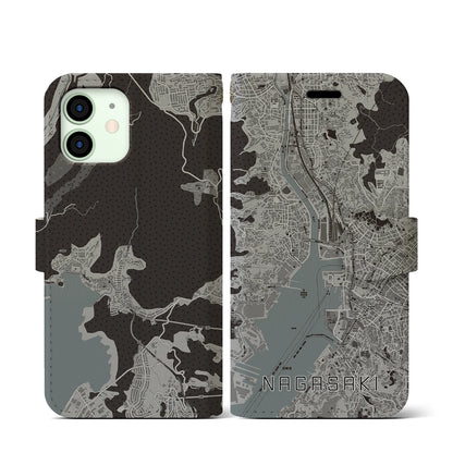 【長崎（長崎県）】地図柄iPhoneケース（手帳タイプ）モノトーン・iPhone 12 mini 用