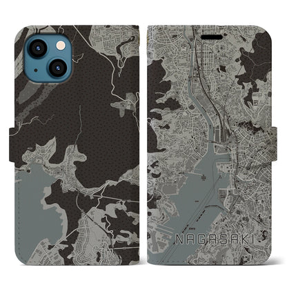 【長崎（長崎県）】地図柄iPhoneケース（手帳タイプ）モノトーン・iPhone 13 用