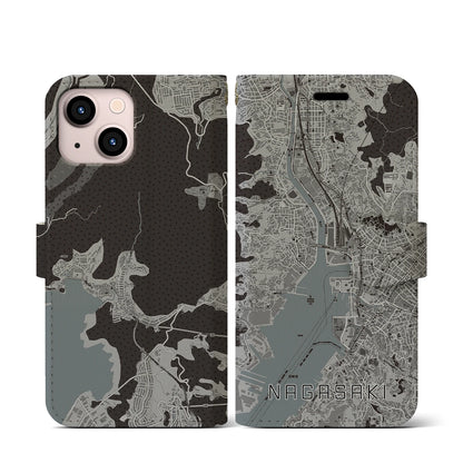 【長崎（長崎県）】地図柄iPhoneケース（手帳タイプ）モノトーン・iPhone 13 mini 用