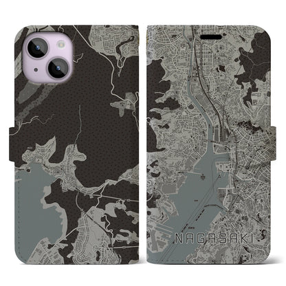 【長崎（長崎県）】地図柄iPhoneケース（手帳タイプ）モノトーン・iPhone 14 用