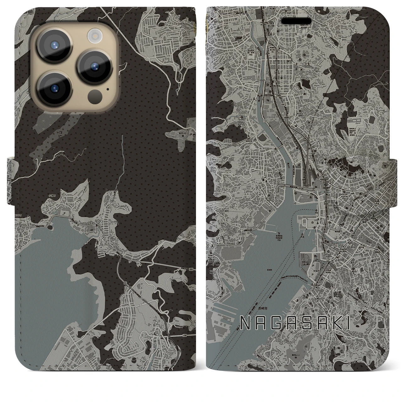 【長崎】地図柄iPhoneケース（手帳両面タイプ・モノトーン）iPhone 14 Pro Max 用