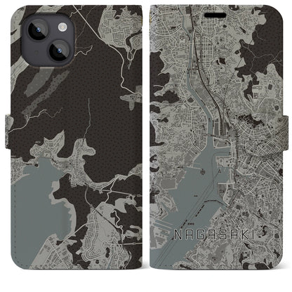 【長崎（長崎県）】地図柄iPhoneケース（手帳タイプ）モノトーン・iPhone 14 Plus 用