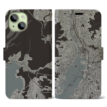 【長崎（長崎県）】地図柄iPhoneケース（手帳タイプ）モノトーン・iPhone 15 用