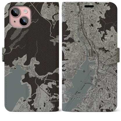 【長崎（長崎県）】地図柄iPhoneケース（手帳タイプ）モノトーン・iPhone 15 Plus 用