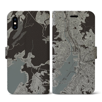 【長崎（長崎県）】地図柄iPhoneケース（手帳タイプ）モノトーン・iPhone XS / X 用