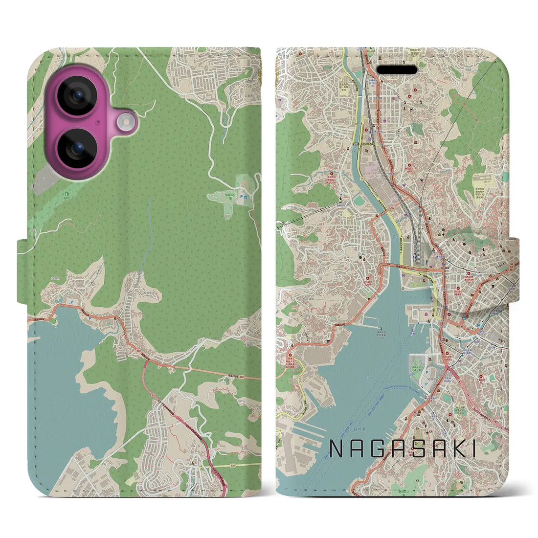 【長崎（長崎県）】地図柄iPhoneケース（手帳タイプ）ナチュラル・iPhone 16 Pro 用