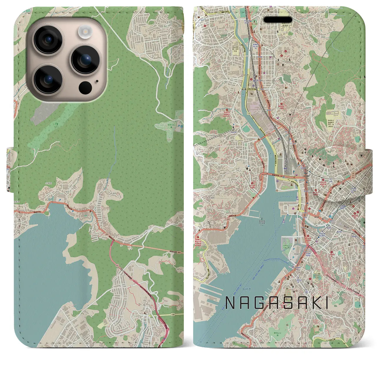 【長崎（長崎県）】地図柄iPhoneケース（手帳タイプ）ナチュラル・iPhone 16 Plus 用