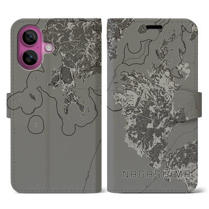 【長島（鹿児島県）】地図柄iPhoneケース（手帳タイプ）モノトーン・iPhone 16 Pro 用