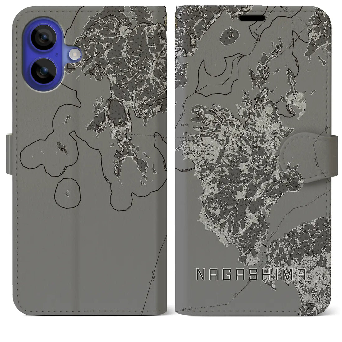 【長島(鹿児島県)】地図柄iPhoneケース(手帳タイプ)モノトーン・iPhone 16 Pro Max 用