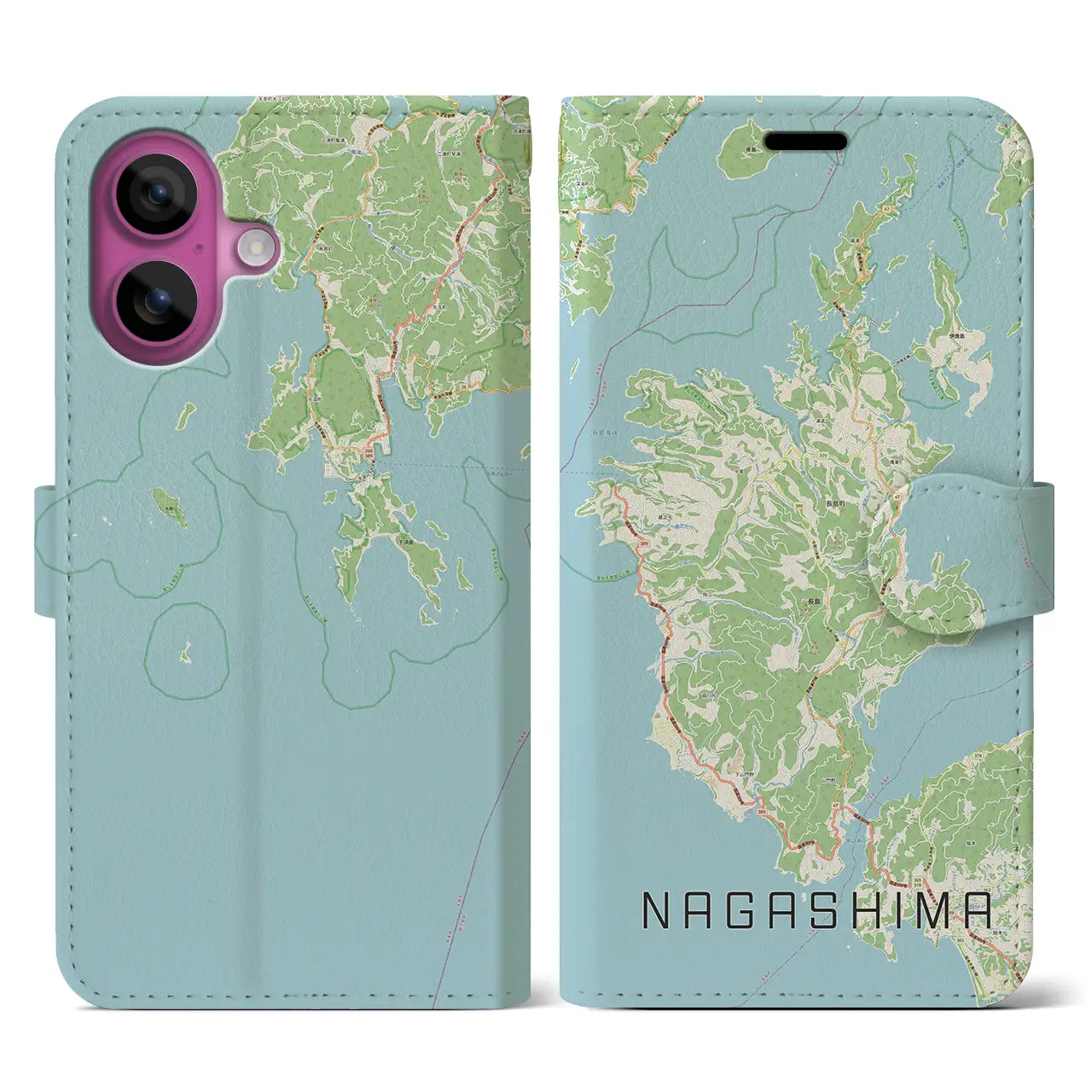 【長島（鹿児島県）】地図柄iPhoneケース（手帳タイプ）ナチュラル・iPhone 16 Pro 用