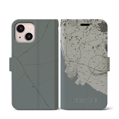 【長洲（熊本県）】地図柄iPhoneケース（手帳タイプ）モノトーン・iPhone 13 mini 用