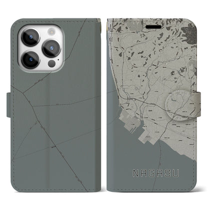 【長洲（熊本県）】地図柄iPhoneケース（手帳タイプ）モノトーン・iPhone 14 Pro 用