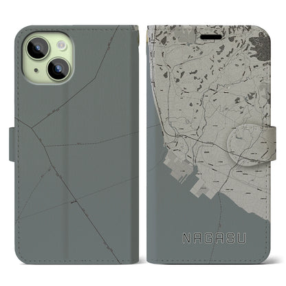 【長洲（熊本県）】地図柄iPhoneケース（手帳タイプ）モノトーン・iPhone 15 用