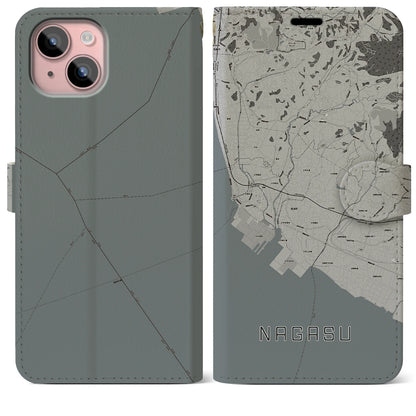 【長洲（熊本県）】地図柄iPhoneケース（手帳タイプ）モノトーン・iPhone 15 Plus 用