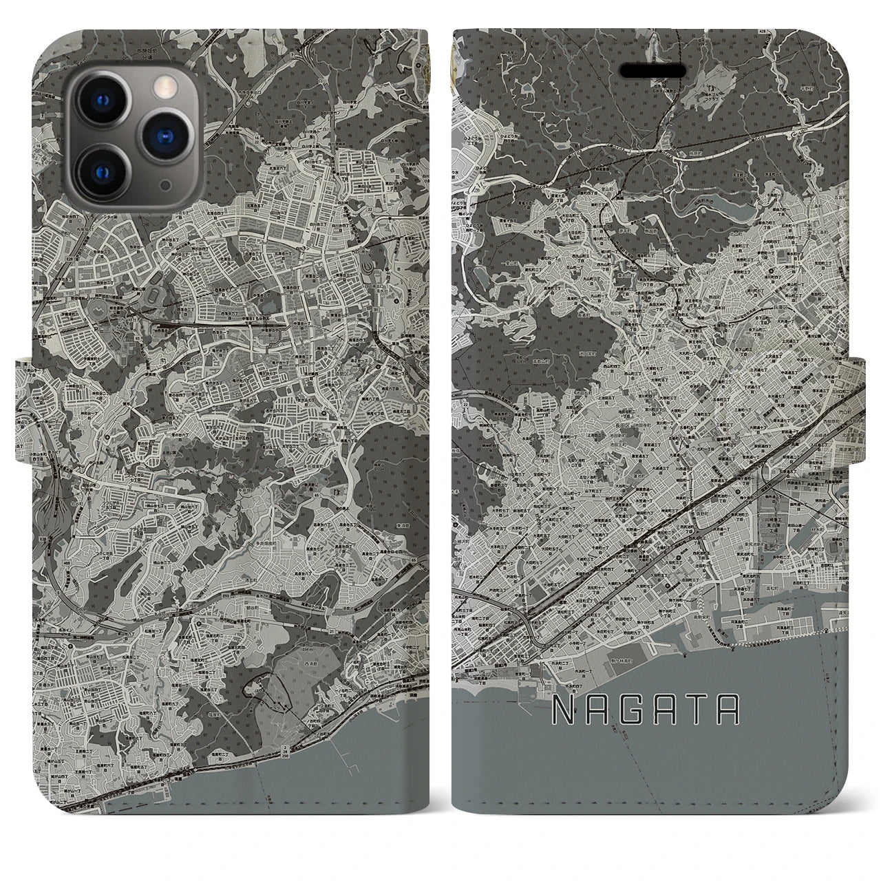 【長田】地図柄iPhoneケース（手帳両面タイプ・モノトーン）iPhone 11 Pro Max 用