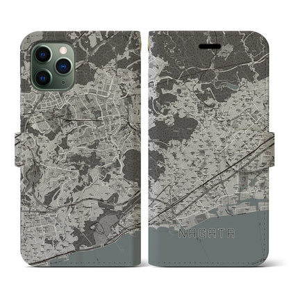 【長田（兵庫県）】地図柄iPhoneケース（手帳タイプ）モノトーン・iPhone 11 Pro 用