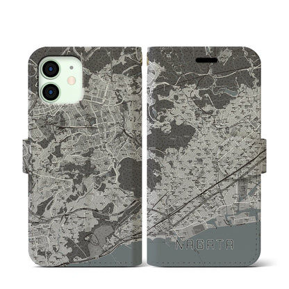 【長田（兵庫県）】地図柄iPhoneケース（手帳タイプ）モノトーン・iPhone 12 mini 用