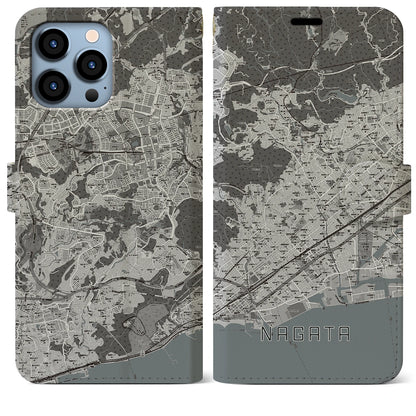 【長田（兵庫県）】地図柄iPhoneケース（手帳タイプ）モノトーン・iPhone 13 Pro Max 用