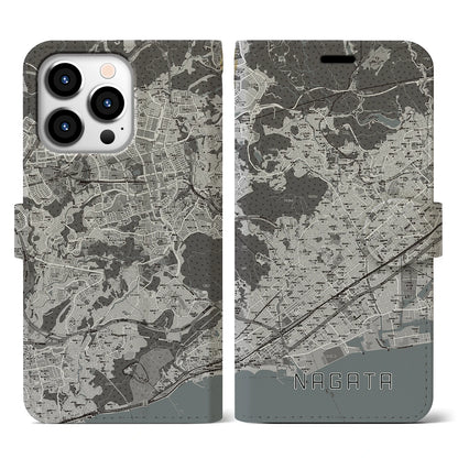 【長田（兵庫県）】地図柄iPhoneケース（手帳タイプ）モノトーン・iPhone 13 Pro 用