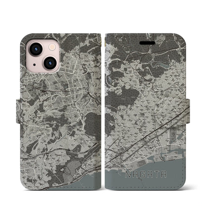 【長田（兵庫県）】地図柄iPhoneケース（手帳タイプ）モノトーン・iPhone 13 mini 用