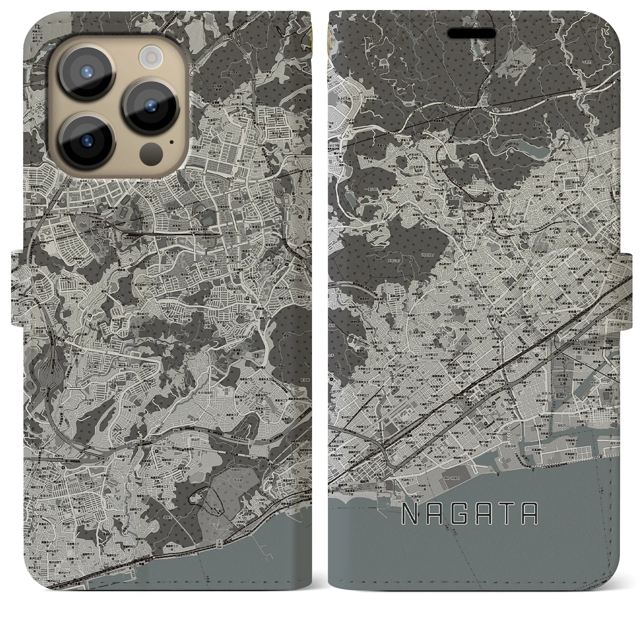 【長田】地図柄iPhoneケース（手帳両面タイプ・モノトーン）iPhone 14 Pro Max 用