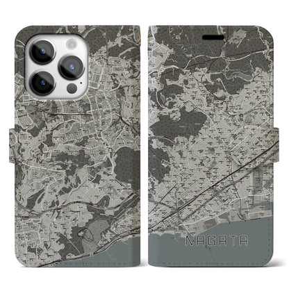 【長田（兵庫県）】地図柄iPhoneケース（手帳タイプ）モノトーン・iPhone 14 Pro 用