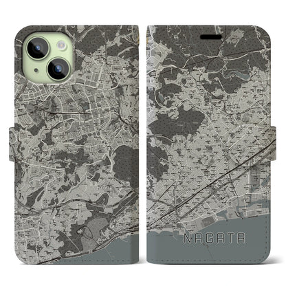 【長田（兵庫県）】地図柄iPhoneケース（手帳タイプ）モノトーン・iPhone 15 用