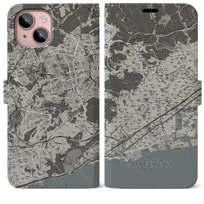 【長田（兵庫県）】地図柄iPhoneケース（手帳タイプ）モノトーン・iPhone 15 Plus 用