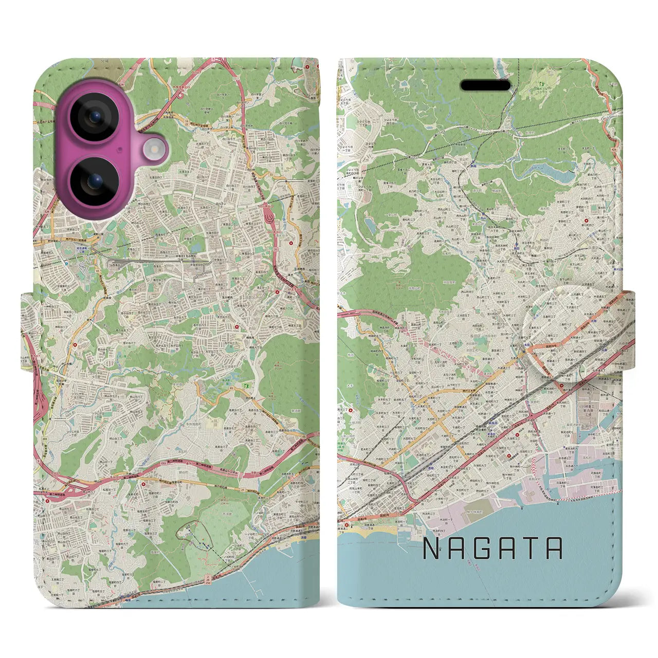 【長田（兵庫県）】地図柄iPhoneケース（手帳タイプ）ナチュラル・iPhone 16 Pro 用