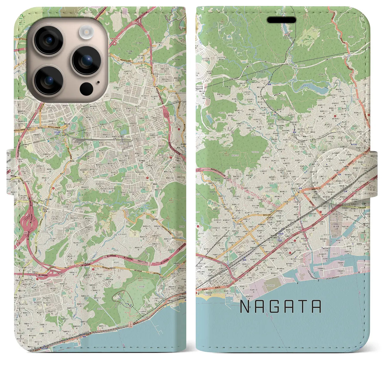 【長田（兵庫県）】地図柄iPhoneケース（手帳タイプ）ナチュラル・iPhone 16 Plus 用