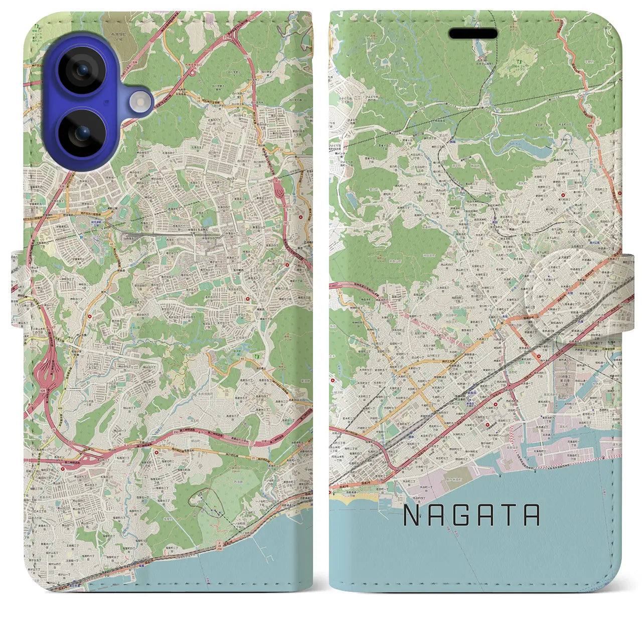 【長田（兵庫県）】地図柄iPhoneケース（手帳タイプ）ナチュラル・iPhone 16 Pro Max 用