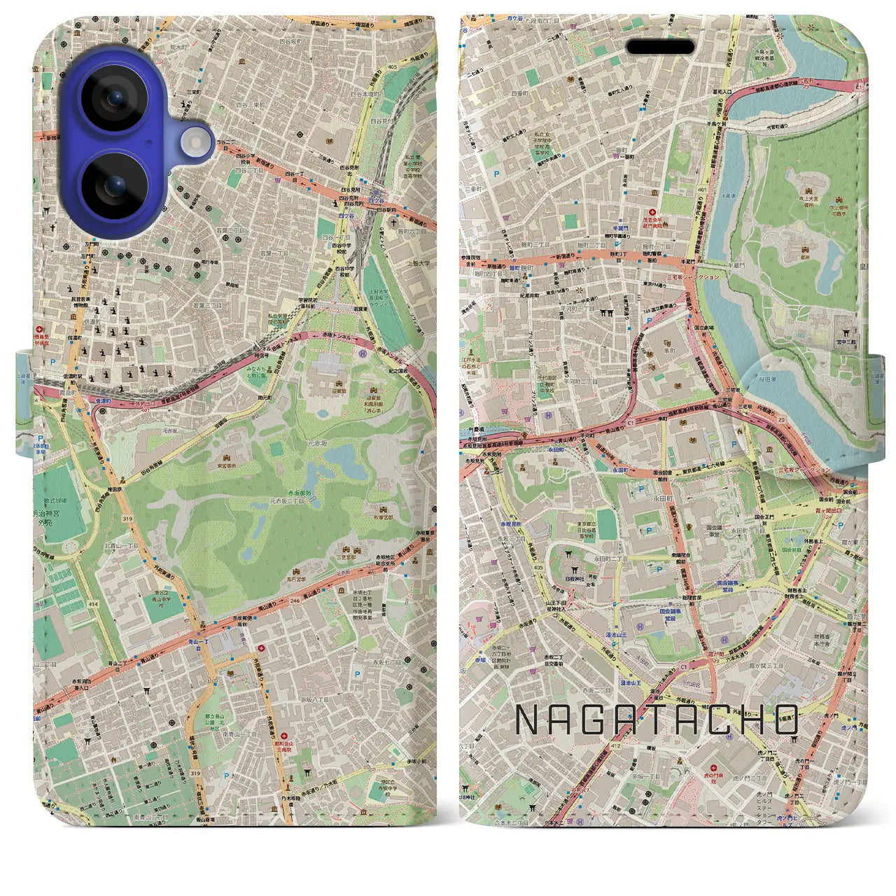 【永田町（東京都）】地図柄iPhoneケース（手帳タイプ）モノトーン・iPhone 16 Pro Max 用