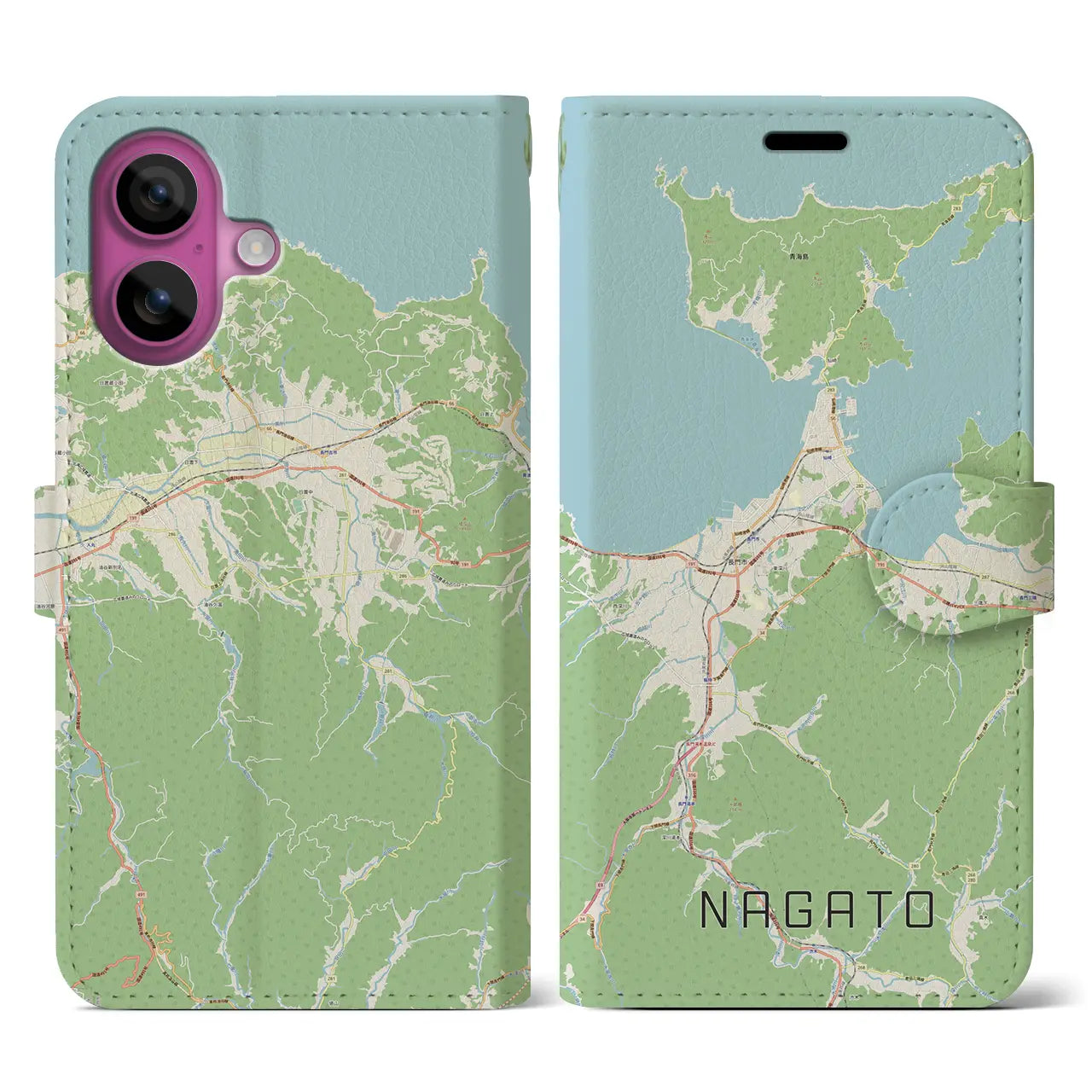 【長門（山口県）】地図柄iPhoneケース（手帳タイプ）ナチュラル・iPhone 16 Pro 用