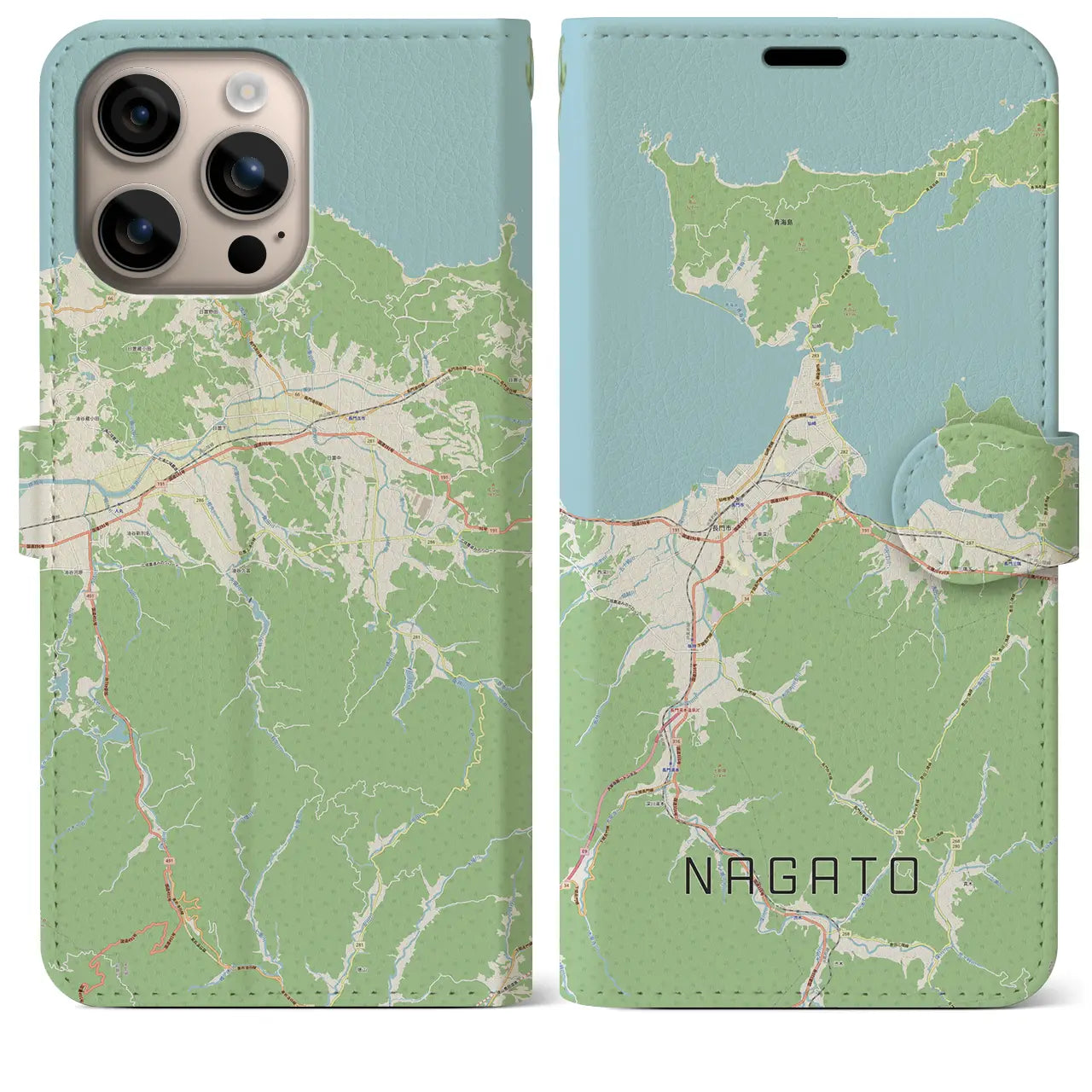 【長門（山口県）】地図柄iPhoneケース（手帳タイプ）ナチュラル・iPhone 16 Plus 用