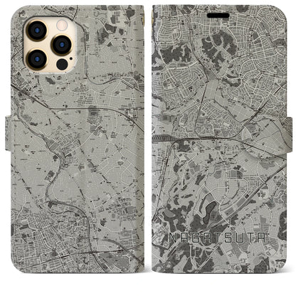 【長津田（神奈川県）】地図柄iPhoneケース（手帳タイプ）モノトーン・iPhone 12 Pro Max 用