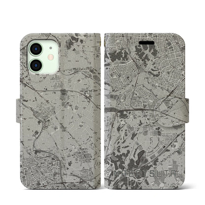 【長津田（神奈川県）】地図柄iPhoneケース（手帳タイプ）モノトーン・iPhone 12 mini 用