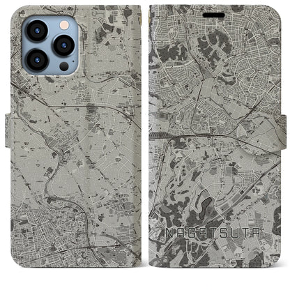 【長津田（神奈川県）】地図柄iPhoneケース（手帳タイプ）モノトーン・iPhone 13 Pro Max 用