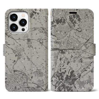 【長津田（神奈川県）】地図柄iPhoneケース（手帳タイプ）モノトーン・iPhone 13 Pro 用