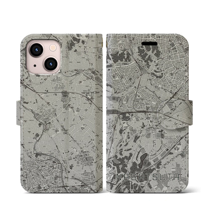 【長津田（神奈川県）】地図柄iPhoneケース（手帳タイプ）モノトーン・iPhone 13 mini 用